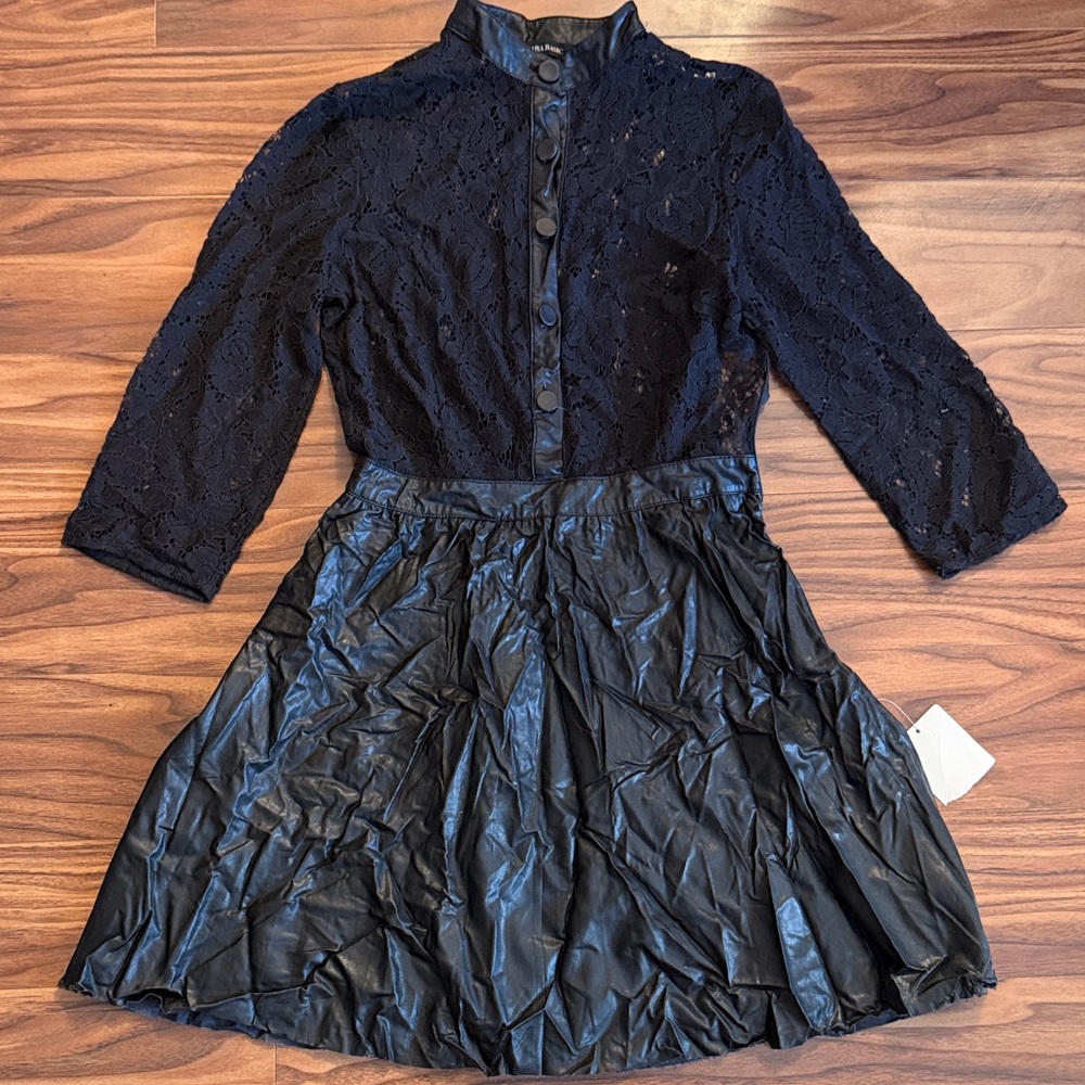 Zara Black Lace Top with Faux Leather Skirt Midi Dress